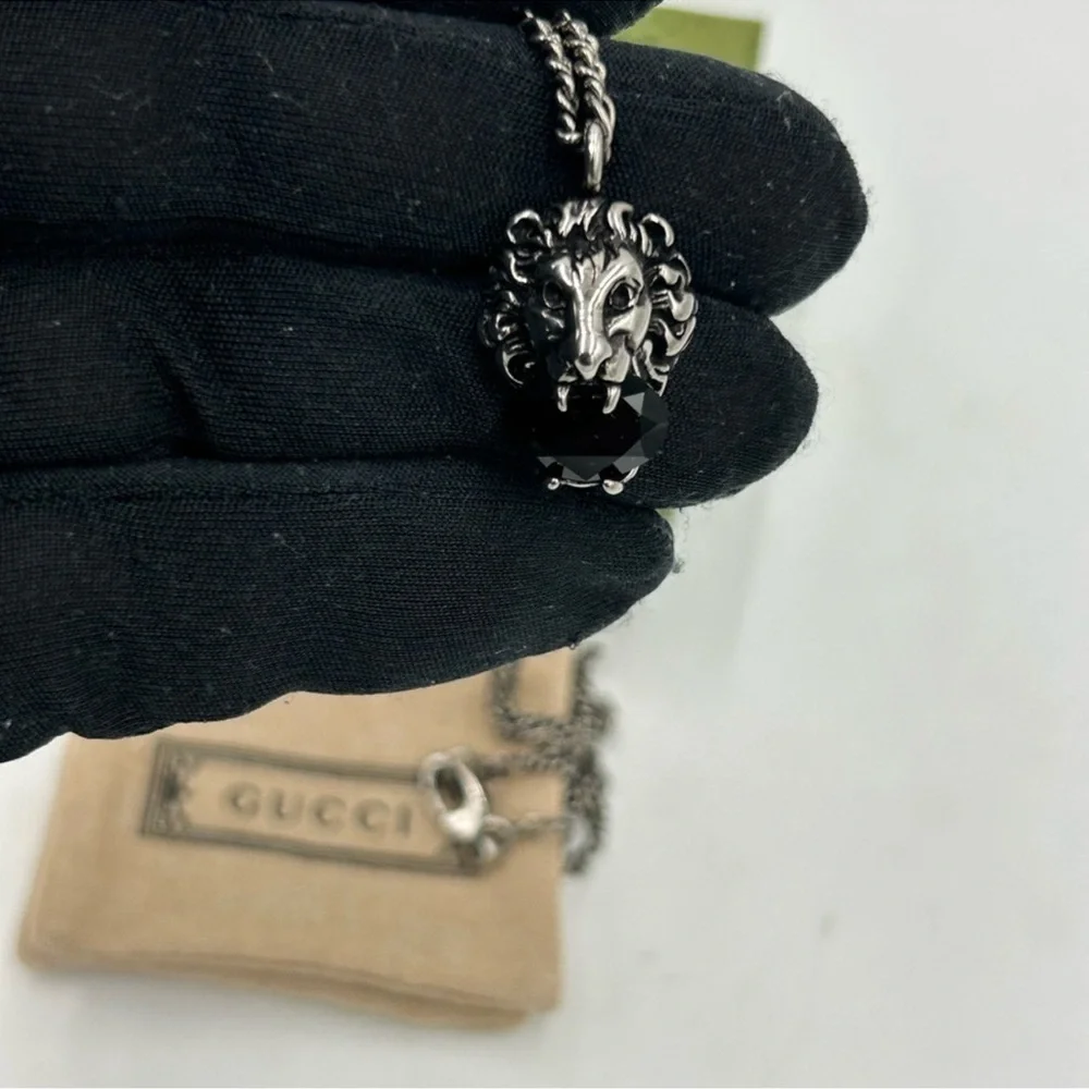 Unisex Gucci, iconic lion had silver tone crystal necklace made in Italy